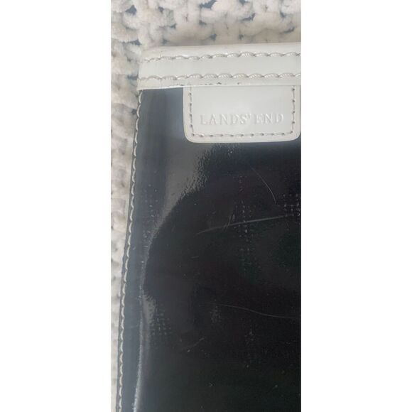 Lands End Patent Leather Mod Tote Bag Black w/White Snap Close Top Cotton Lining - Picture 7 of 16